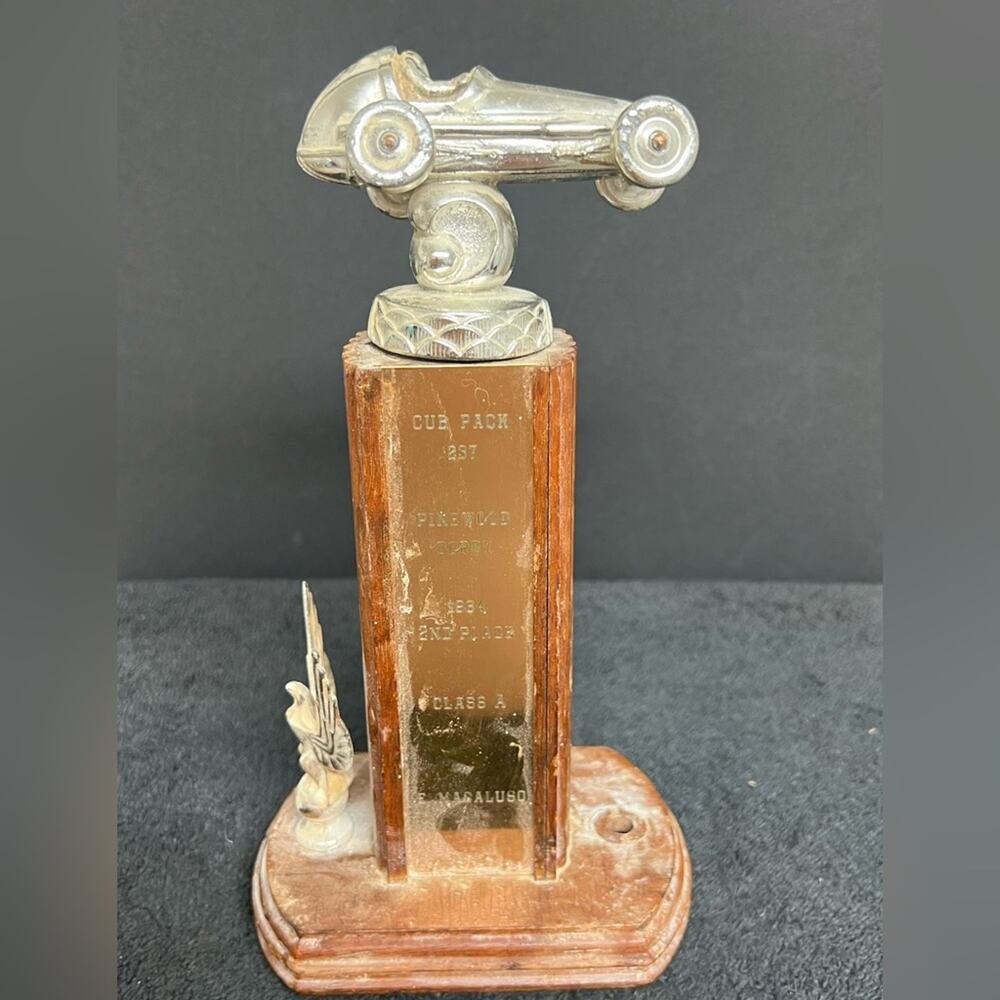 Antique Rare 1962 Era Pinewood Boy Scout Derby 2nd Place Trophy Metal & Wood